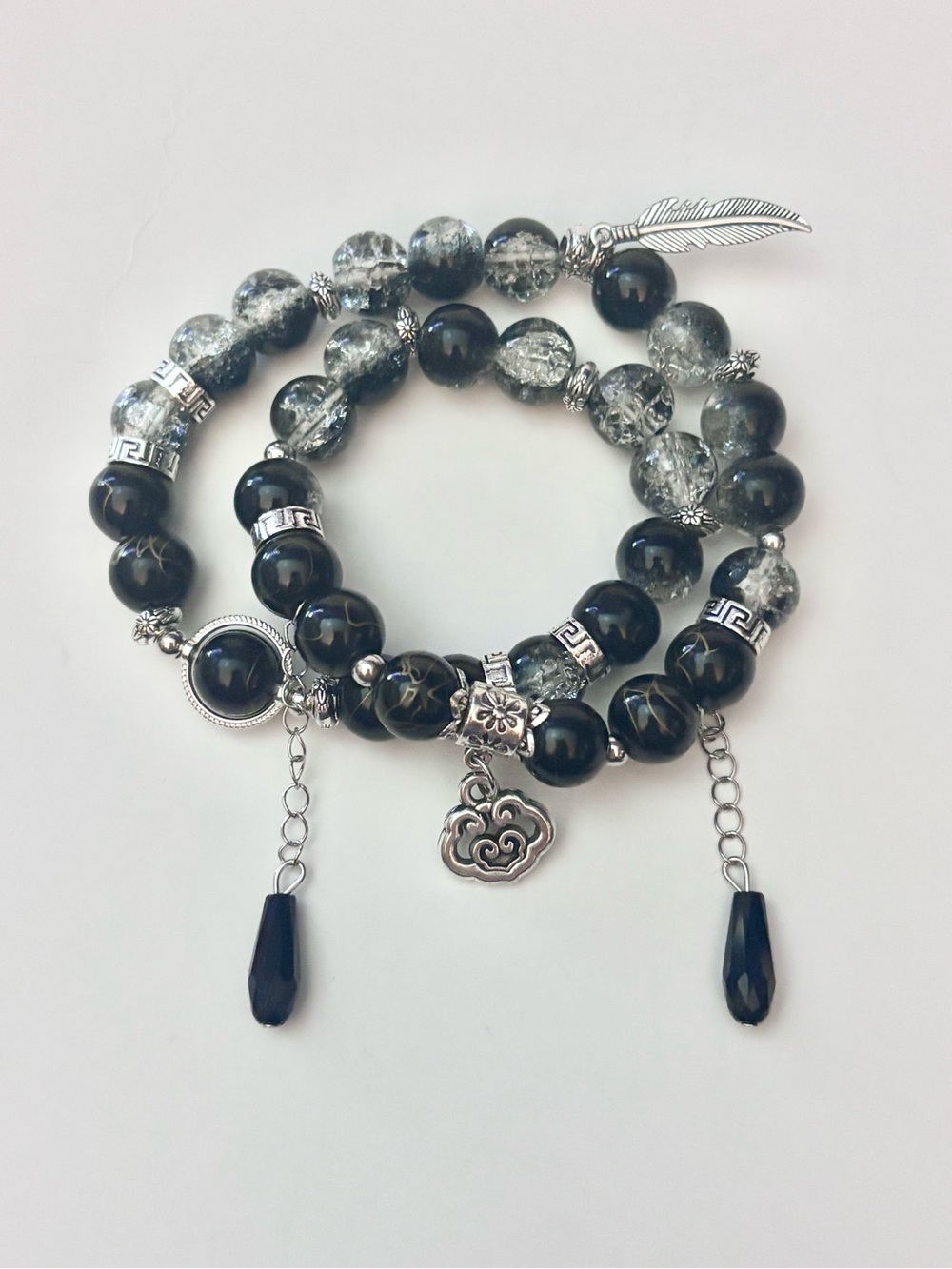 Handmade Black & clear Beaded Wrap Bracelet with Silver Charms